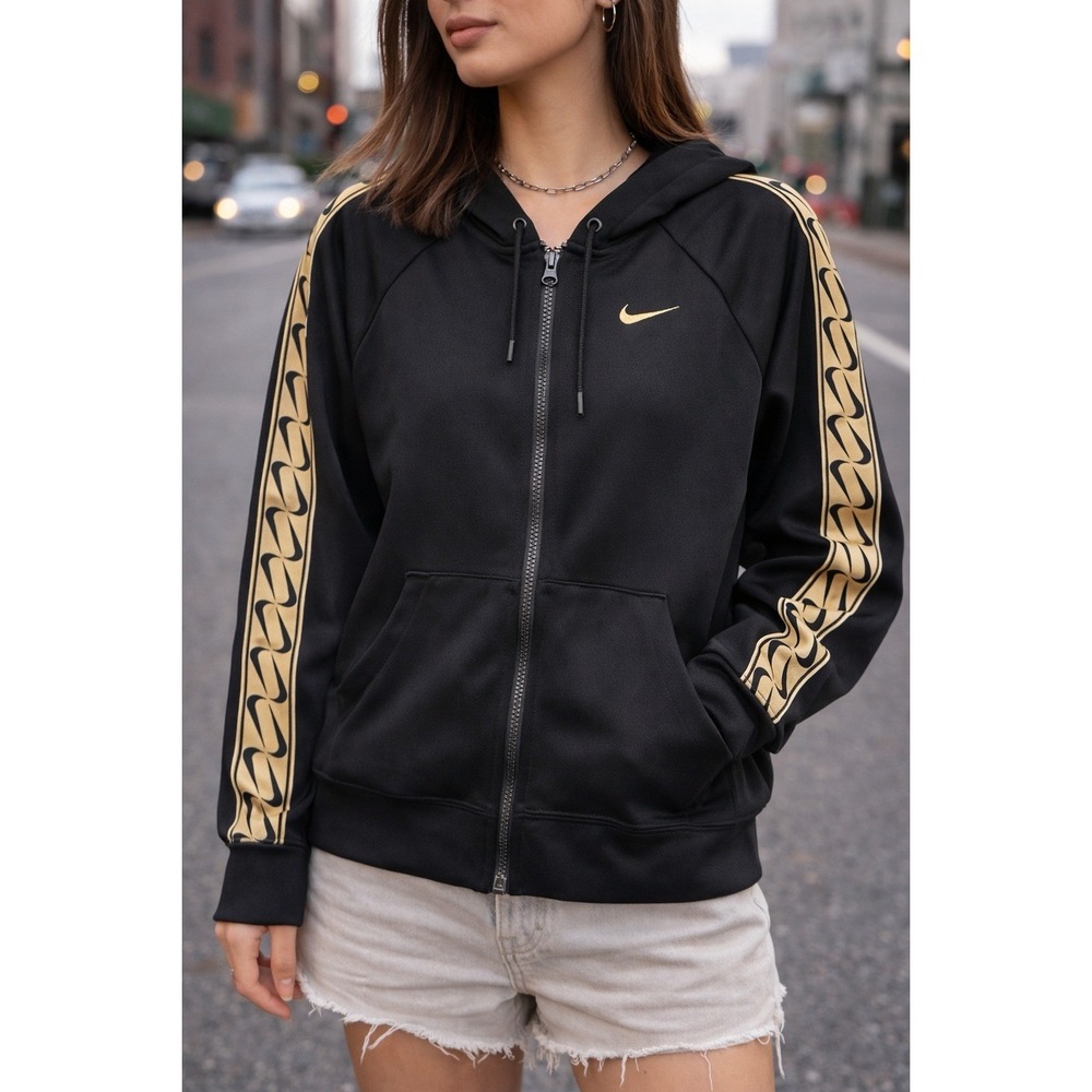 Nike Hoodie Womens Small Black Gold Swoosh Zip Up Streetwear Boxy